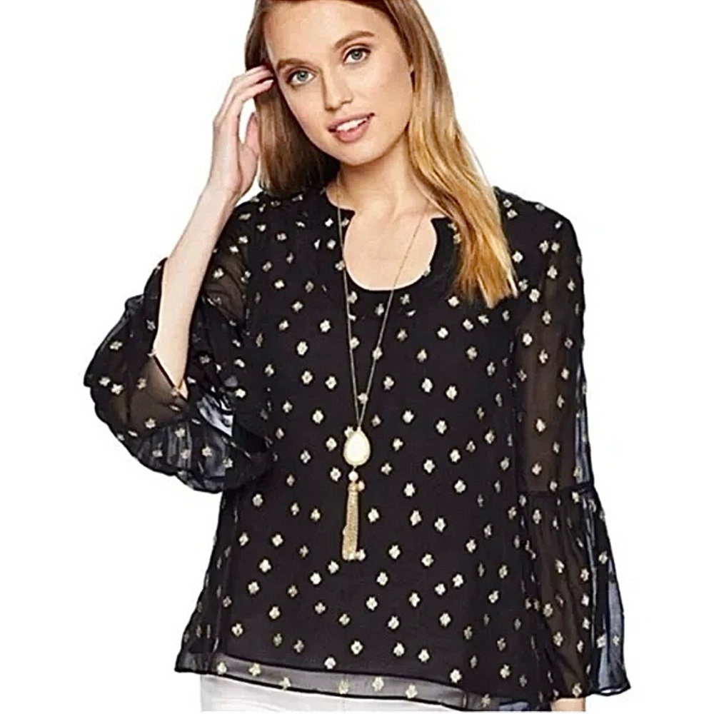 Lilly Pulitzer Amory Starry Silk Chiffon Blouse Black Gold Metallic Bell Sleeve - Picture 3 of 17
